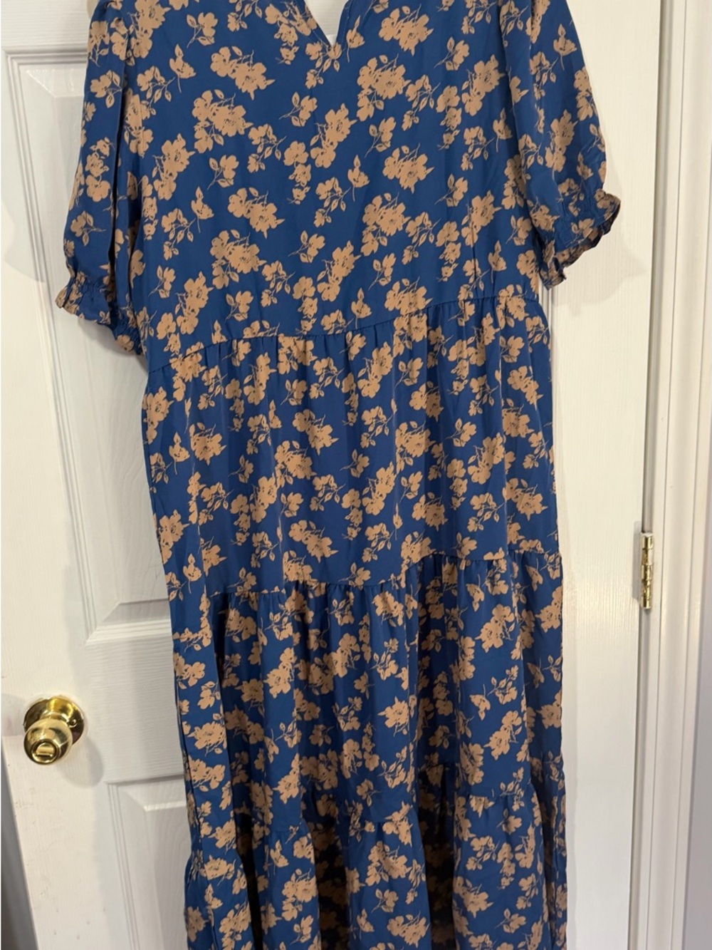 Blue Floral Tiered Midi Dress - Beige Floral Print